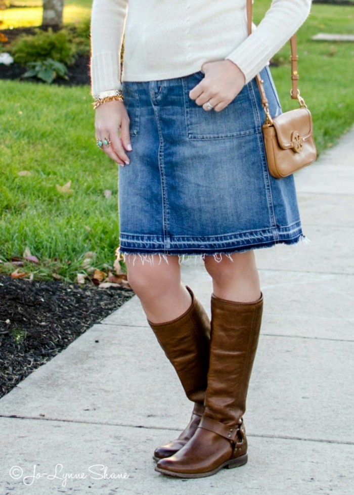 Fall Outfit Inspiration Denim Skirt Riding Boots