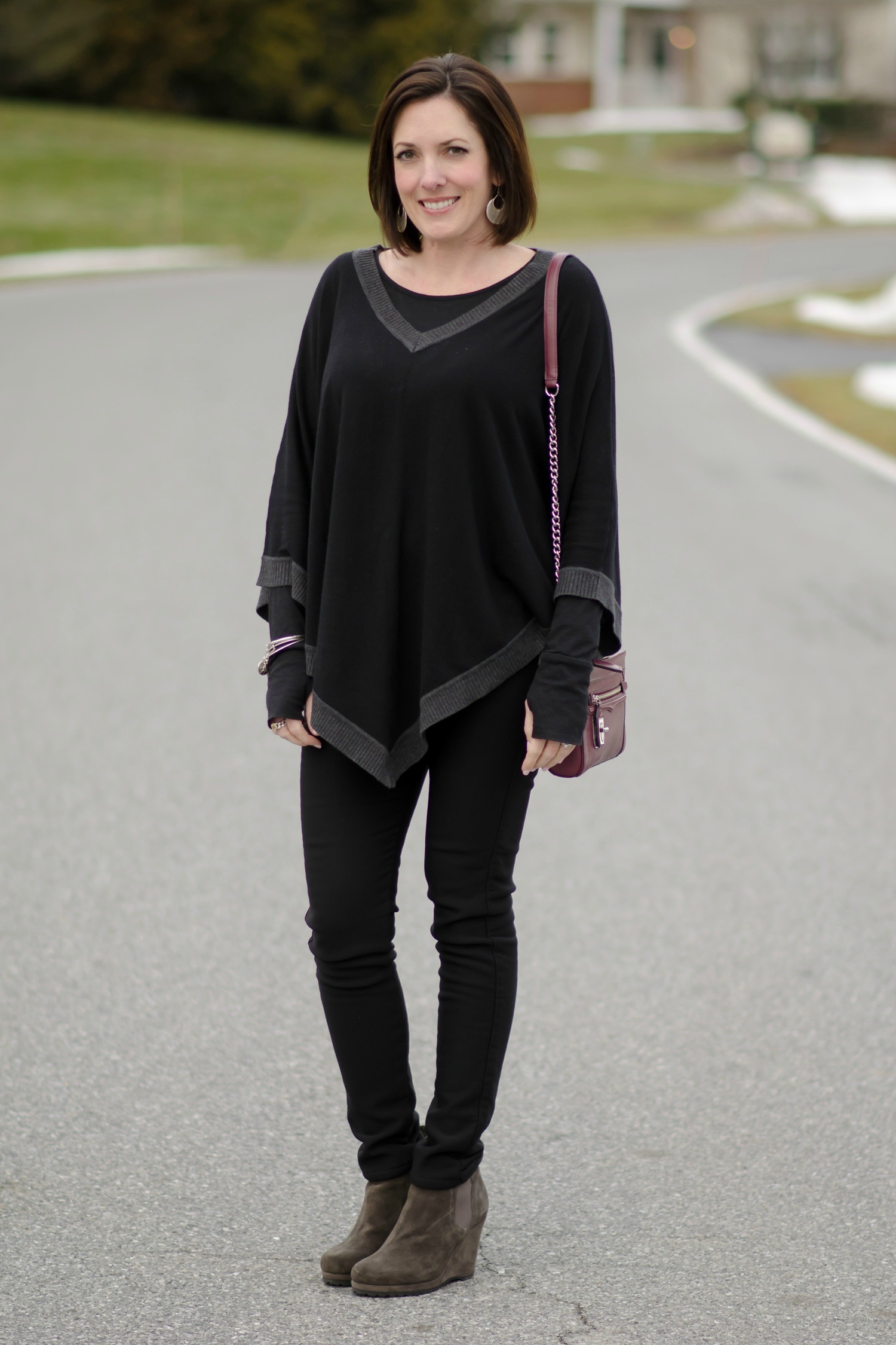 What I Wore Color Block Poncho + Ponte Skinny Pants