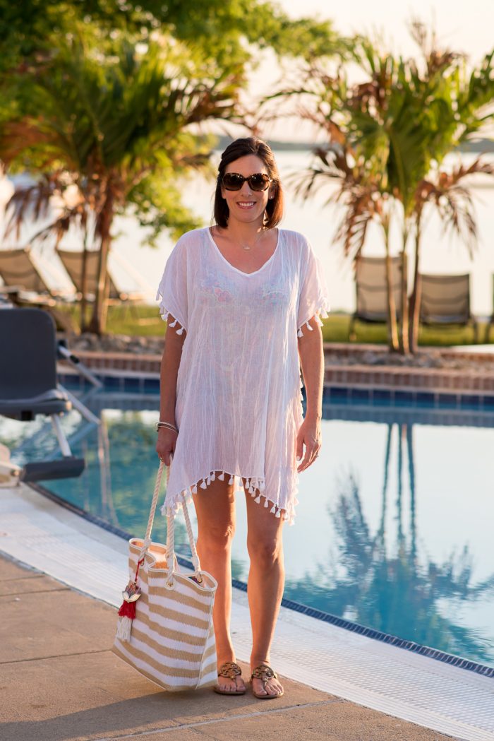 Gauze Caftan Swimsuit CoverUp with Tassel Trim
