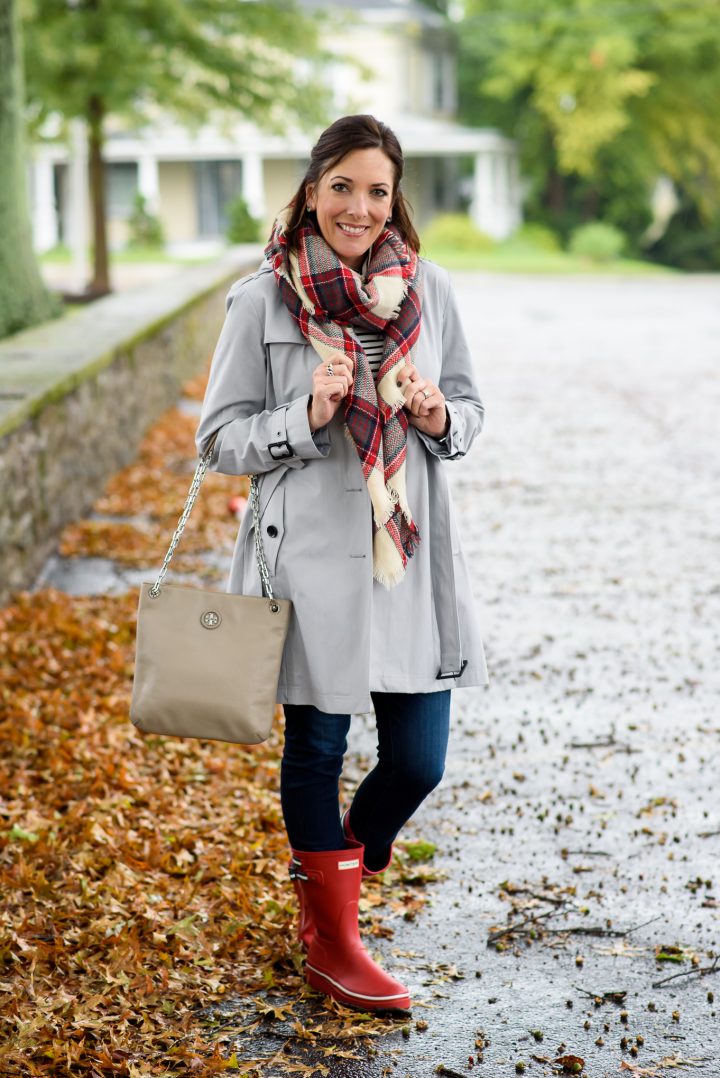 Silver Trench & Red Rain Boots Outfit