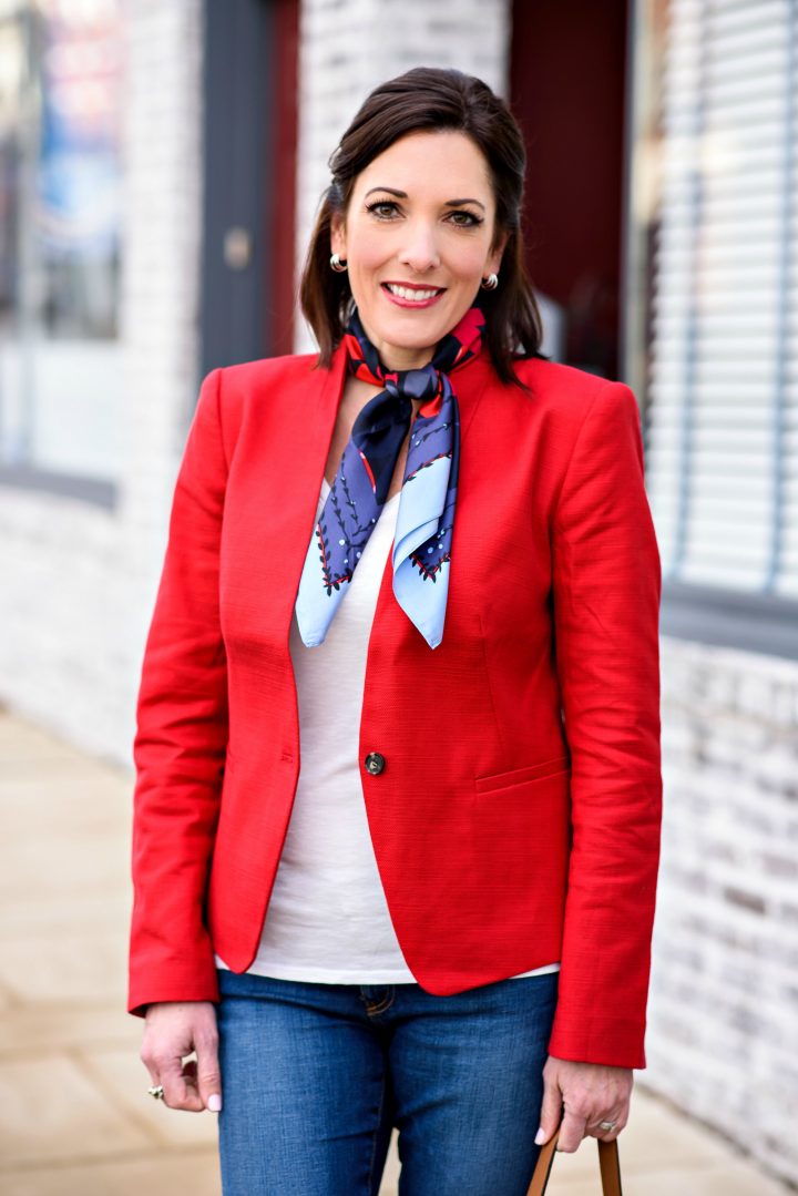 red blazer grey pants