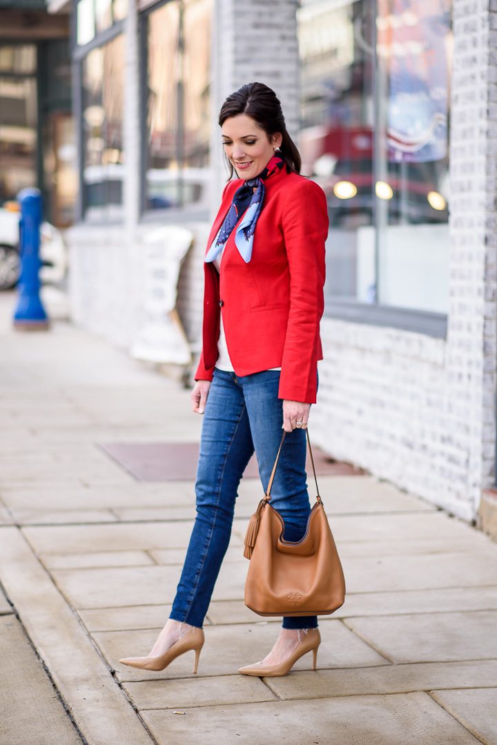 jeans and red blazer